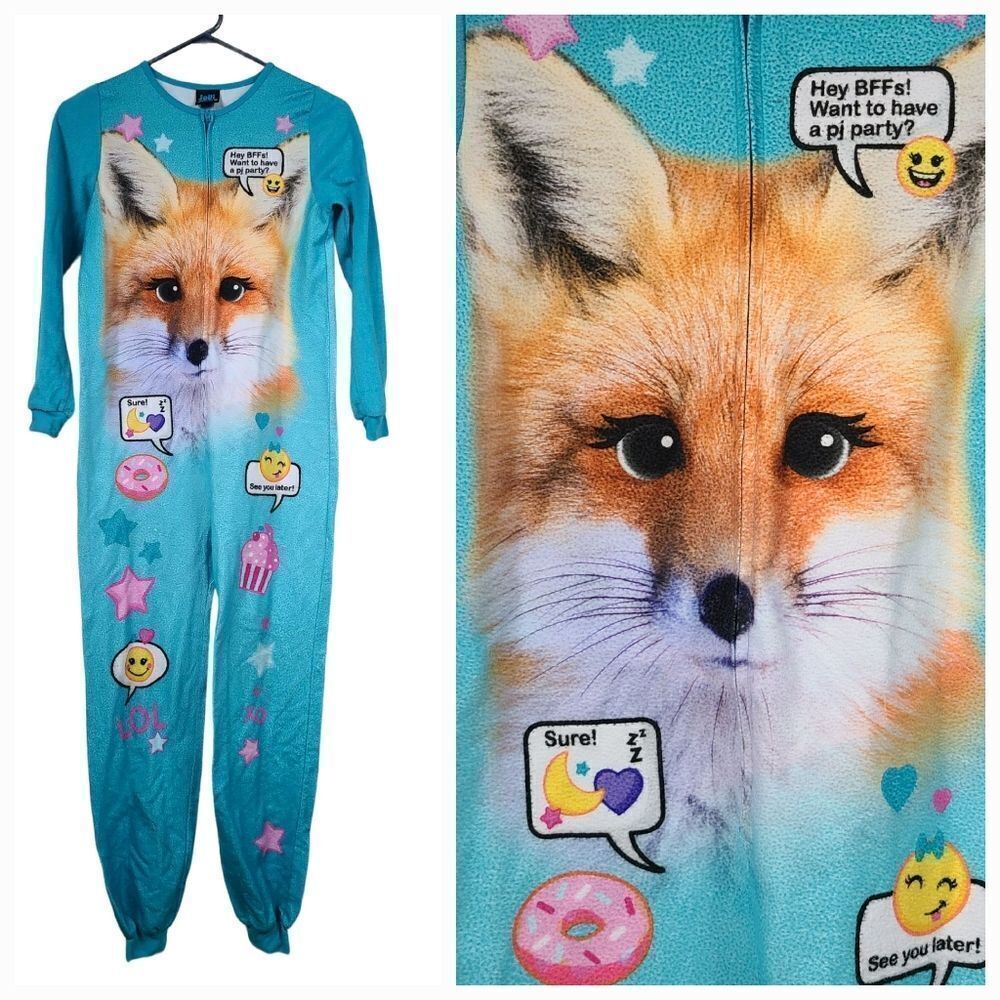 Jellifish Slumber Party Animal Blue Flannel Onesie Girls L 10/12 Fox Emoji Text